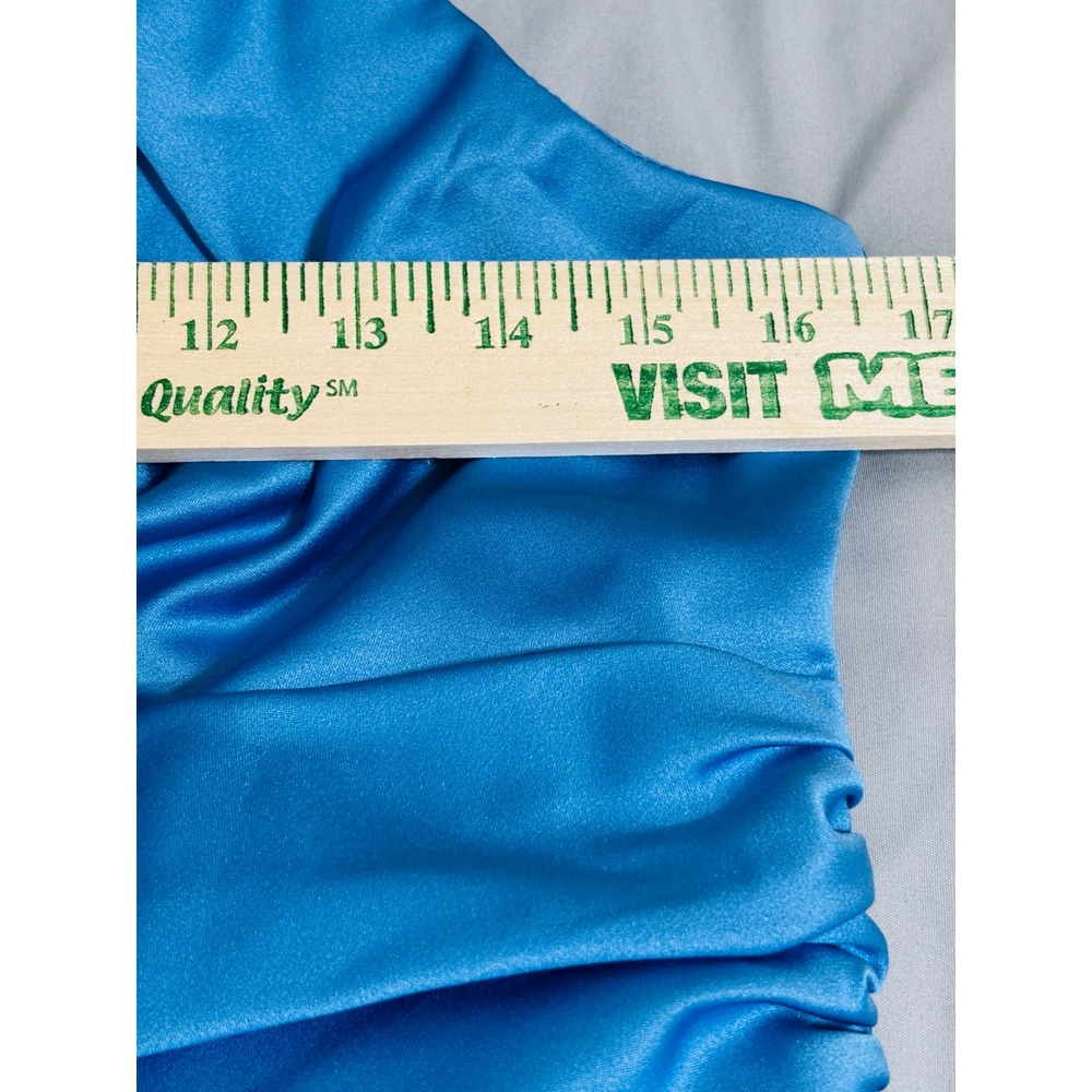 David's Bridal Satin Halter Cocktail Dress Sz10 Horizon Blue (Pool) Ruched Waist - Picture 6 of 9